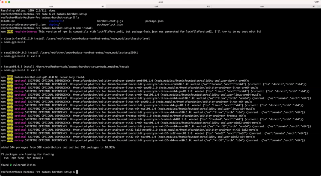 Screenshot of iTerm showing how to clone the badass-hardhat-repo and install the necessary packages to accelerate a developer's smart contract lifecycle.